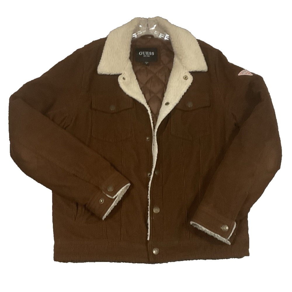 Guess Men's Corduroy Bomber Jacket With Sherpa Collar Size M Brown Y2K